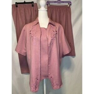 Vtg BON WORTH Shirt Skirt Pant Set Women M/L Pink Embroidered Career 90s Grandma